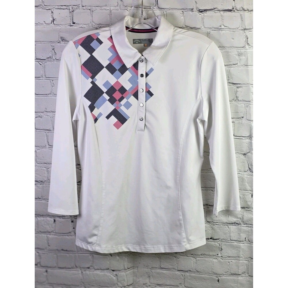 Callaway Adult Small White Geometric Opti Dri Stretch S/S Polo Shirt